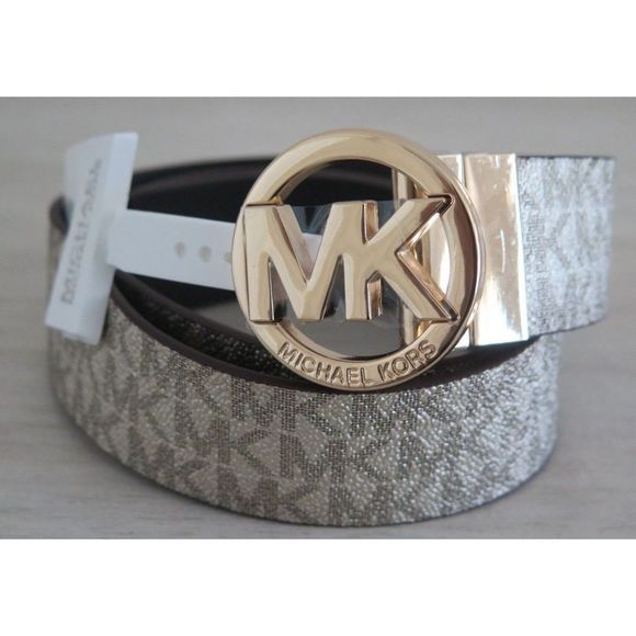 Michael Kors 556178C 715 Women Sz S Reversible Pale Gold/Chocolate Logo MK Belt - Picture 2 of 8